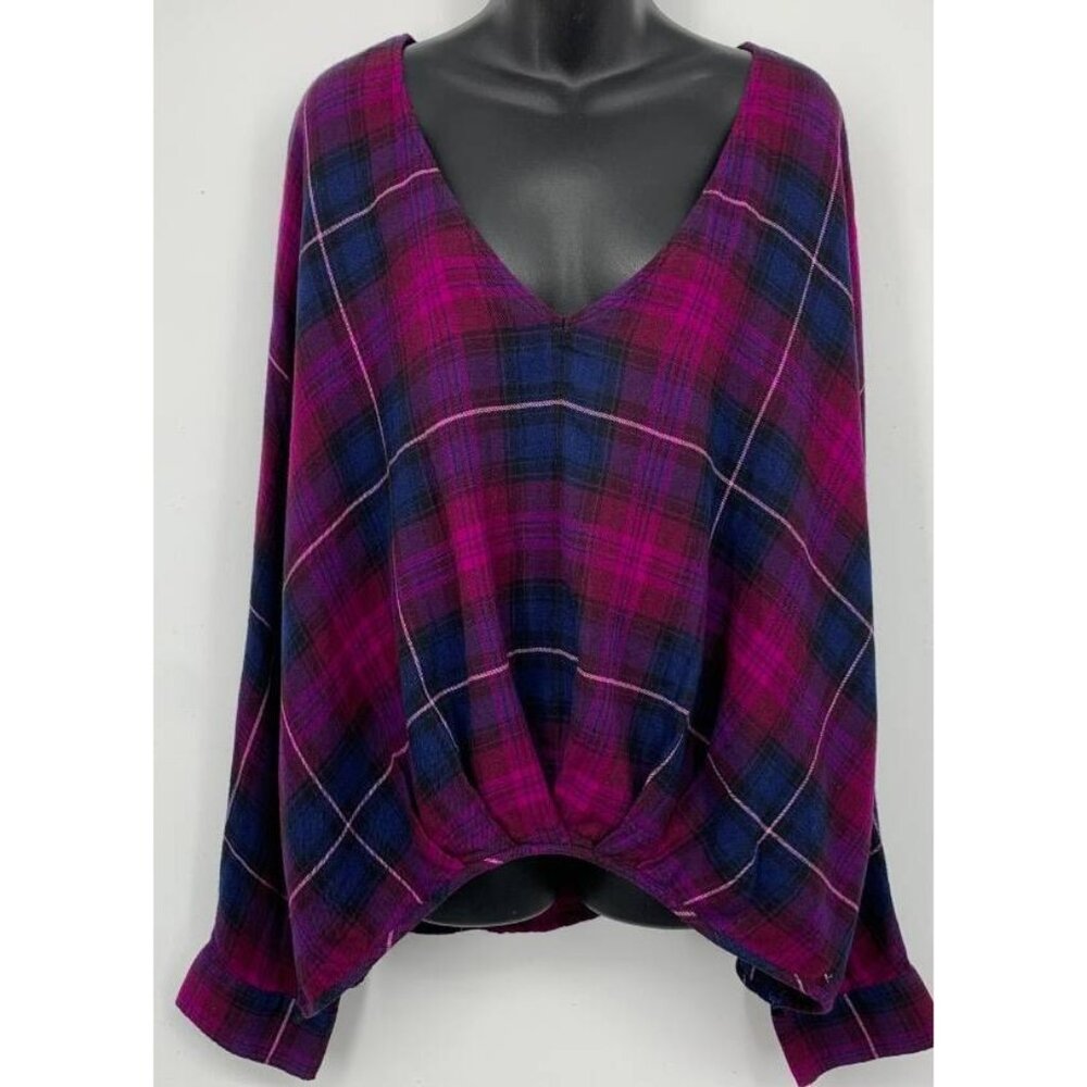 NWT Express Womens Purple Blue Plaid Flannel Top Long Sleeve Round Neck Size XL